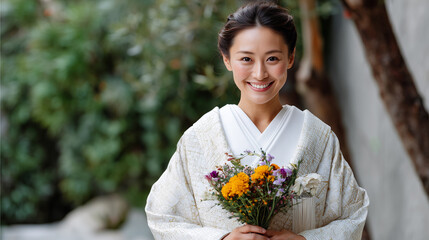 Japanese bride in traditional attire holding bouquet outdoors