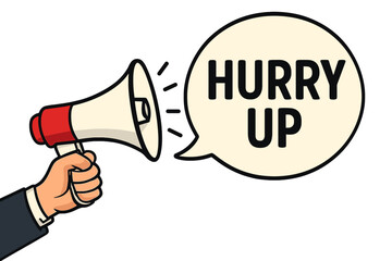 Male hand holding megaphone with Hurry Up speech bubble. Loudspeaker for business, marketing and advertising. Concept of urgency, sale, promotion, final call and deadline.