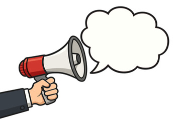 Male hand holding megaphone with speech bubble. Loudspeaker for business, marketing, advertising. Announcement, alert and promotion concept. Communication and news vector.