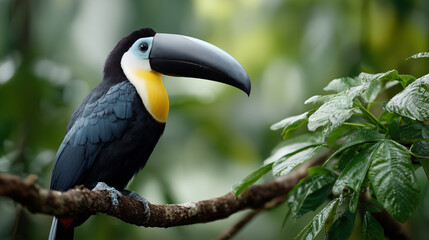Fototapeta premium Colorful tropical toucan resting on branch amid dense rainforest greenery