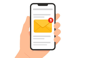 New email notification on mobile phone screen. Hand holding smartphone with mail app. Unread message in inbox, alert badge. Digital communication, business concept vector.