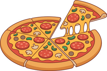 Delicious cartoon pizza, sliced vector illustration, pepperoni, mushrooms, green peppers, cheese pull, appetizing, colorful design, food, Italian cuisine, meal