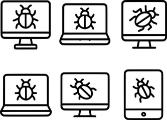 Computer bug crawling on screen vector icon set
