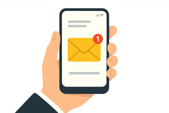 New email notification on smartphone screen. Hand holding mobile phone with unread message alert in mail app. Business communication concept. Vector illustration flat design.