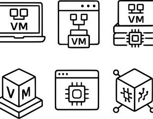 Virtual machine and hypervisor toolkit icons vector illustration set