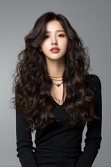 Fototapeta premium A woman with long brown hair is wearing a black dress and a necklace