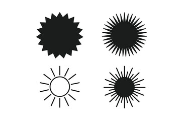 Fototapeta premium Set of vector sunburst and starburst badges with vintage style icons and stickers, simple flat black sun shapes and rays, isolated on white background, editable vector illustration