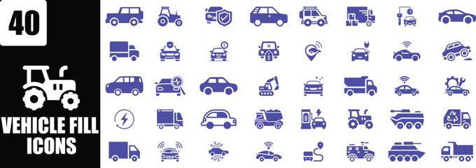 Diverse Vehicle Icons: Cars, Trucks, Tractors, and More