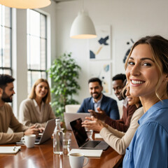 Smiling confident businesswoman leads her diverse team in a dynamic, collaborative meeting, fostering success and innovation in a modern office setting