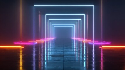 Abstract geometric neon tunnel with colorful lights