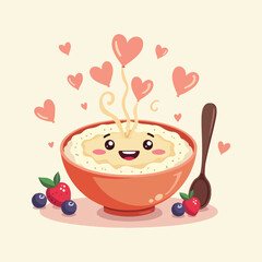 Flat solid color vector of cozy porridge bowls with fruit, honey drizzle, cinnamon sticks, and playful cartoon elements, warm morning breakfast scene, perfect for World Porridge Day design
