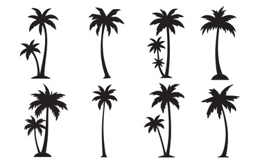 Fototapeta premium palm tree silhouettes. Silhouette of tropical palm trees isolated on white background, a vector illustration showcasing various shapes and sizes of palm trees in black silhouette