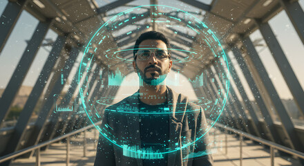Technologist Standing in Holographic Data Tunnel at Outdoor Futuristic Tech Pavilion