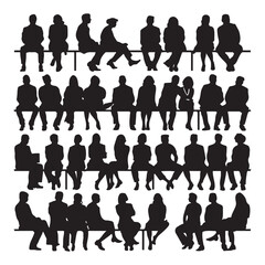 Sitting people silhouette Vector collection in PNG with black silhouettes of men and women, and teenagers sitting on a bench or chair, a business group in profile view, isolated on a white background.