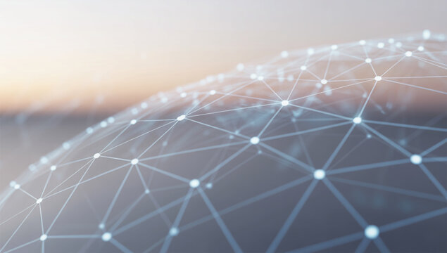 Abstract futuristic network visualization with interconnected glowing lines and nodes representing data flow and connectivity isolated on white background
