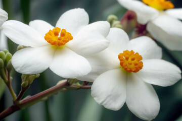Naklejka premium Close-up of white jasmine flowers with yellow centers against blurred green background. Beautiful fragrant blooms showing delicate petals and stamens in natural botanical setting with copy space.