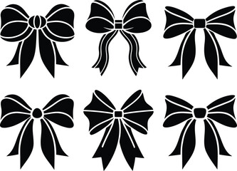 Collection of six different decorative bow silhouettes isolated on white background