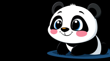 Fototapeta premium Cute cartoon panda with large eyes on black background. Adorable kawaii-style panda bear character with pink cheeks and happy expression, perfect for children's design with copy space.