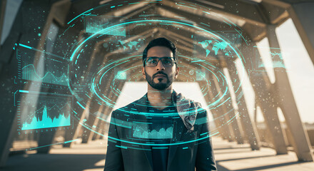 Technologist Standing in Holographic Data Tunnel at Outdoor Futuristic Tech Pavilion