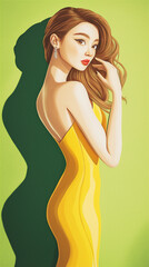 Stylized illustration of elegant woman in yellow dress against green background. Artistic portrait showing female figure with long hair in sensual pose with space for text.