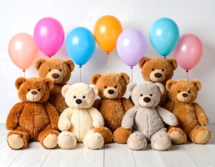 Teddy bears and balloons on a white background