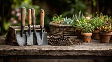 garden tools on wooden table