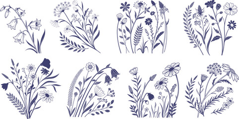 Elegant floral line art collection with wildflowers, leaves, and garden plants in detailed monochrome style. Perfect for botanical prints, stationery, and decorative design. Ideal for patterns, 