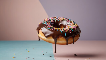 Levitating donut with shiny chocolate glaze and rainbow sprinkles on pastel geometric background. Tasty sweet dessert concept, closeup