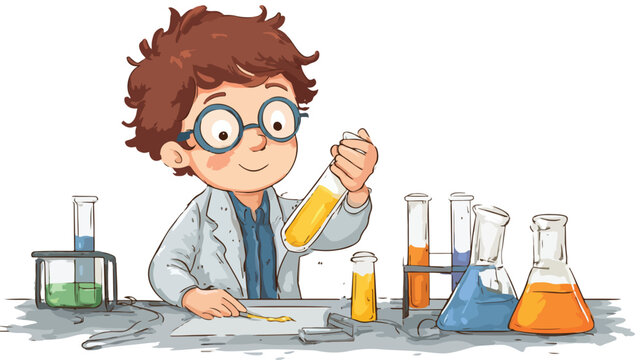 Young Boy Conducting Fun Educational Science Experiments Cartoon Illustration
