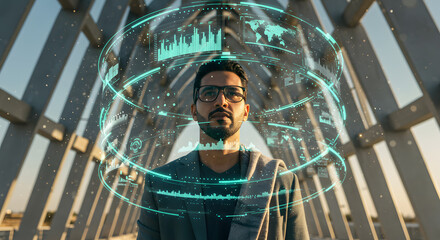 Technologist Standing in Holographic Data Tunnel at Outdoor Futuristic Tech Pavilion