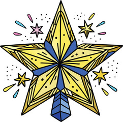 Whimsical Golden Star Ornament with Colorful Starbursts A Festive and Decorative Holiday Season Illustration