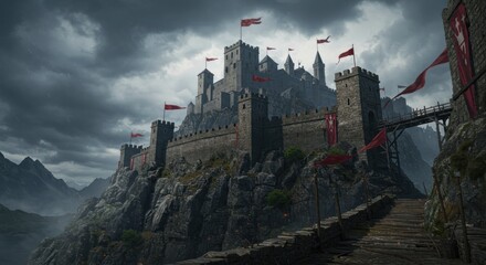 Fortress atop a rocky hill fortified with walls and towers amidst a cloudy overcast sky Red banners add color