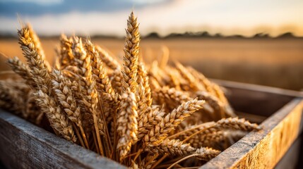Golden wheat in rustic wooden box at sunset in agricultural field