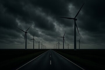 Obraz premium Wind Turbines on a Dark Road Under a Stormy Sky through empty