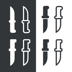 Knife icon set. An attribute of the kitchen, a chef, or a butcher. A bladed weapon, military combat ammunition. A hunter's or killer's tool.