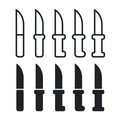 Knife icon set. An attribute of the kitchen, a chef, or a butcher. A bladed weapon, military combat ammunition. A hunter's or killer's tool.