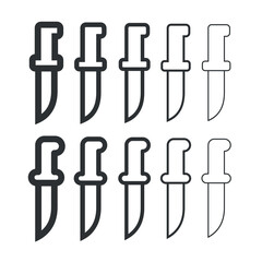 Knife icon set. An attribute of the kitchen, a chef, or a butcher. A bladed weapon, military combat ammunition. A hunter's or killer's tool.