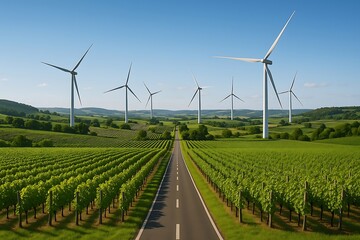 Wind turbines in a green vineyard landscape with a road wind farm grapes