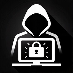 Hacker silhouette with laptop and lock symbolizing digital security threats in cybersecurity concept