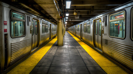 Obraz premium Subway trains waiting at empty urban station platform