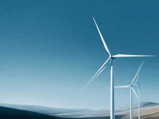 Obraz premium Green energy wind power generation turbines against blue sky background in minimalist style, renewable electricity production with wind farms, sustainable clean energy landscape with modern windmills
