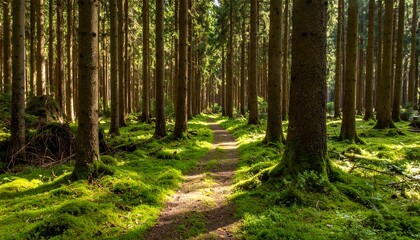 Sunlit forest path through tall trees