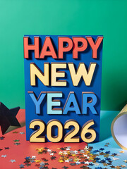 Colorful 3D Letter Blocks Displaying Happy New Year 2026 for Festive Celebration