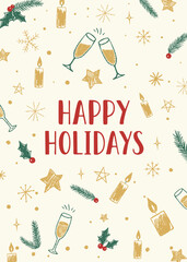 Happy Holidays card. Crayon style. Modern illustration, greeting card, background. Cute chalk doodles. Xmas ornaments.