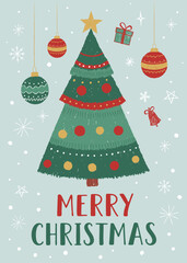 Merry Christmas card. Crayon style. Modern illustration, Christmas tree, background. Cute chalk doodles. Xmas ornaments.
