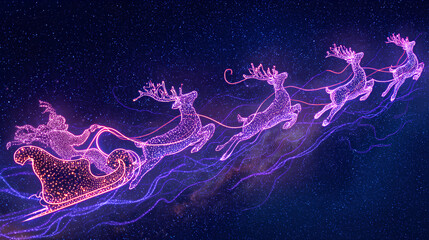 Fototapeta premium Santa’s sleigh outlined in neon light, pulled by glowing reindeer flying across a starry sky