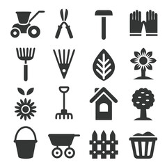 Collection of garden tools and elements icons in dark gray vector