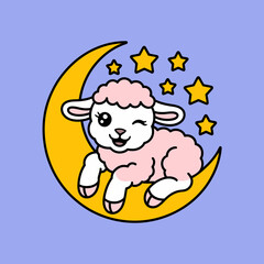 An adorable cartoon sheep peacefully resting on a crescent moon surrounded by sparkling stars, encapsulating the charm of childhood imagination and fantasy.