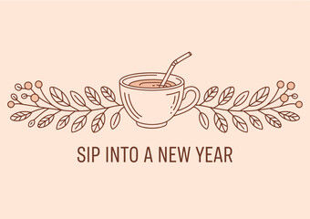 A warm and inviting graphic depicting a cup with a straw, surrounded by leaves, perfect for promoting cozy New Year drinks in a charming, organic atmosphere.