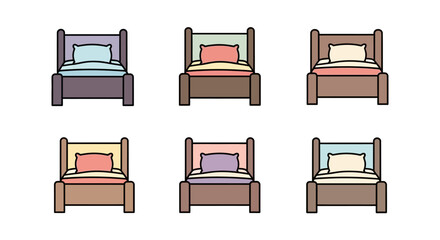 Simple Line Bed with Pillow and Blanket Icon Design Element Set
